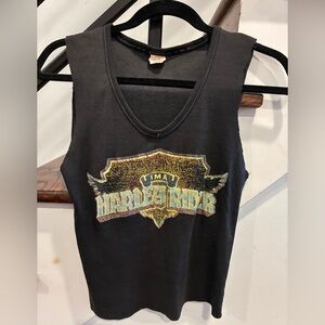 Vintage Harley-Davidson Black Tank Top with Gold and Green Logo